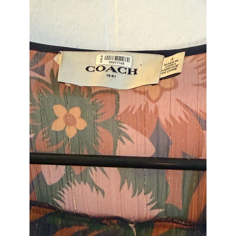 Coach 1941 Flowy Floral Pleated Dress w Tie Front Sz 4 Black Gold Metallic Boho - Picture 10 of 12